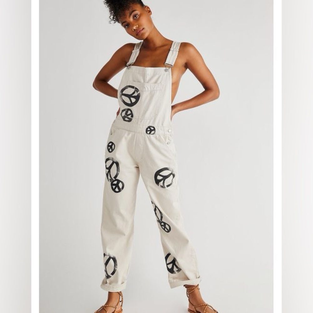 We the Free People Peace Sign Ziggy Harmony Overalls in White Medium Retail $128 - Picture 1 of 16